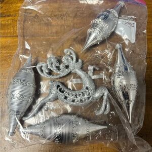 Silver Glitter Christmas Ornaments Set of 5